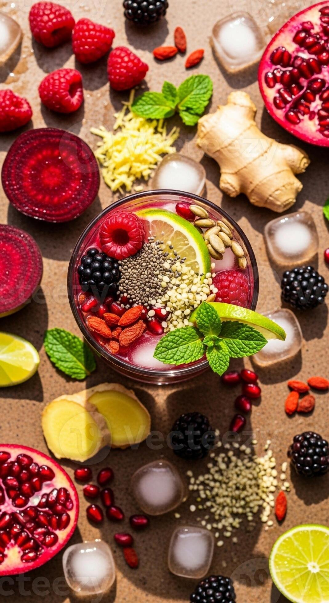 Tigela com frutas, legumes, limao e gengibre